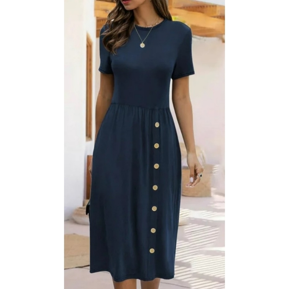 Wycnly Short Sleeve Button detail Dress Navy Size XL